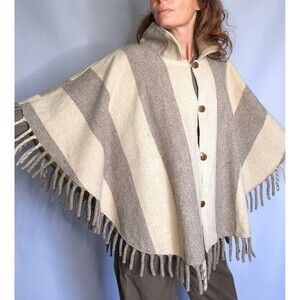 VTG Fringed Wool Poncho Blanket Coat - Southwestern Navajo Oversized Ethnic Boho